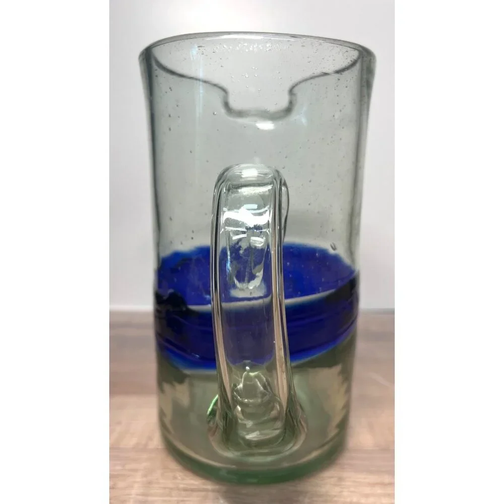 Handblown Glass Pitcher With Blue Accent Bubbles In Glass